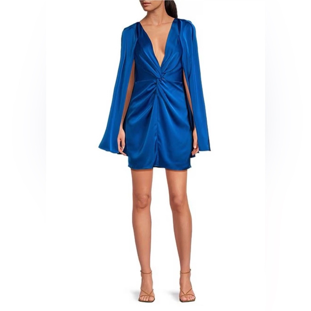 Badgley Mischka Sz 12 Nora Satin V-Neck Long Bell Sleeve Twist Front Mini Dress